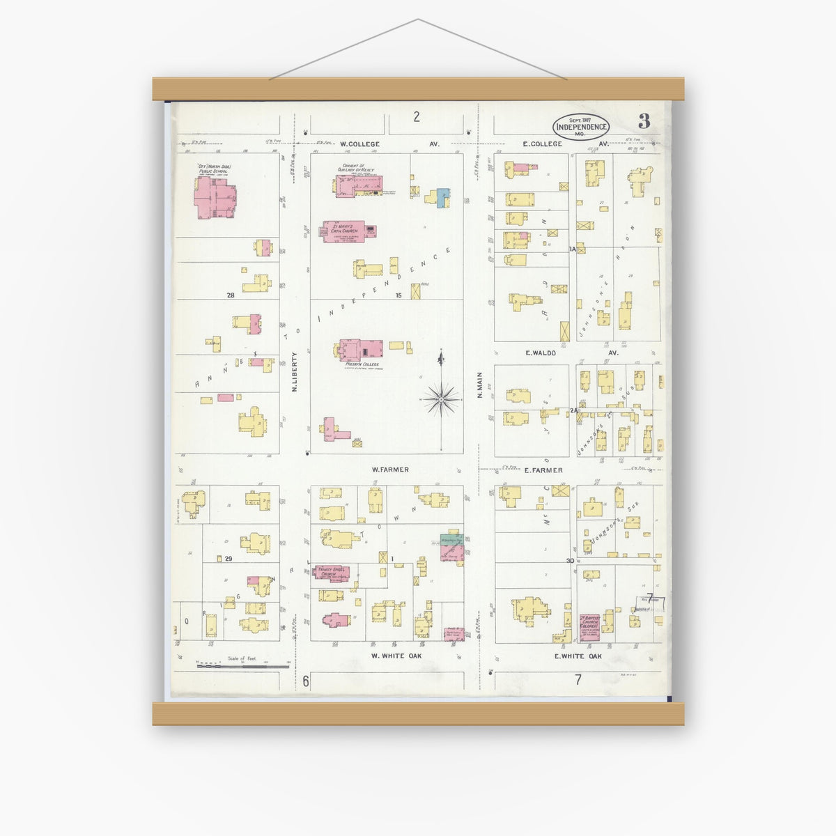Old map wall art mockup — magnetic wood frame on white wall — Sanborn Fire Insurance Map from Independence, Jackson County, Missouri (1907), Sheet #0003
