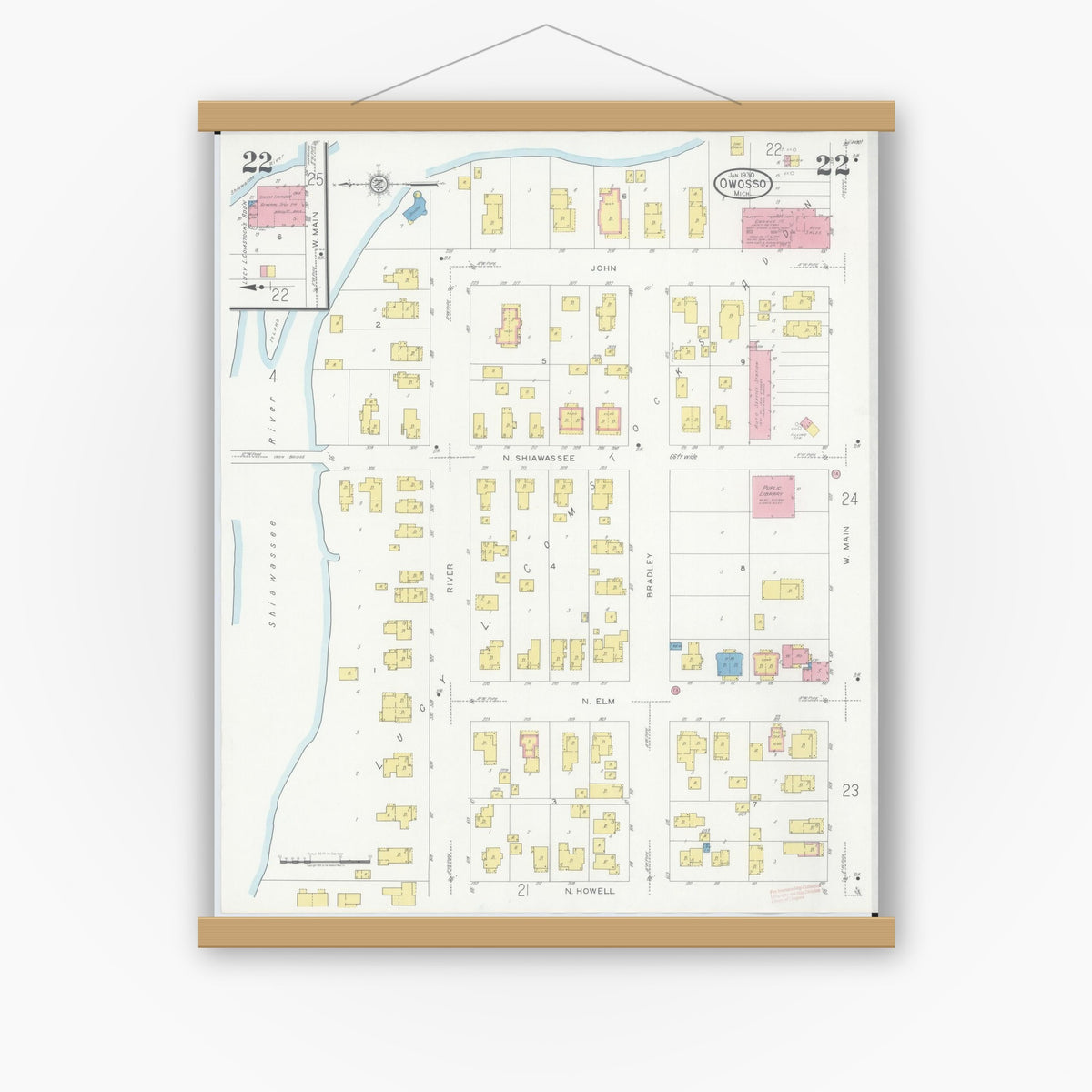 Old map wall art mockup — magnetic wood frame on white wall — Sanborn Fire Insurance Map from Owosso, Shiawassee County, Michigan (1930), Sheet #0022
