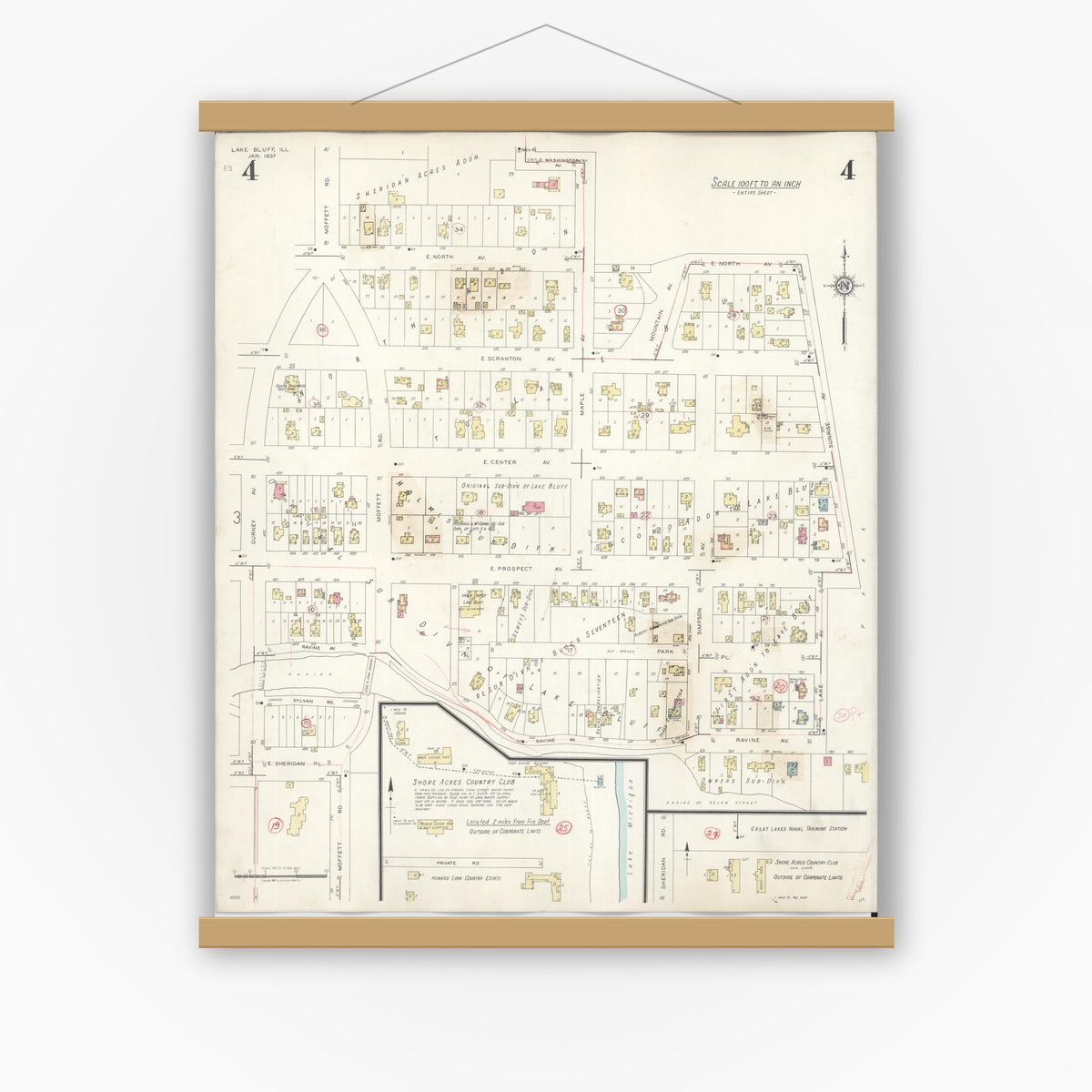 Old map wall art mockup — magnetic wood frame on white wall — Sanborn Fire Insurance Map from Lake Bluff, Lake County, Illinois (1944), Sheet #0004