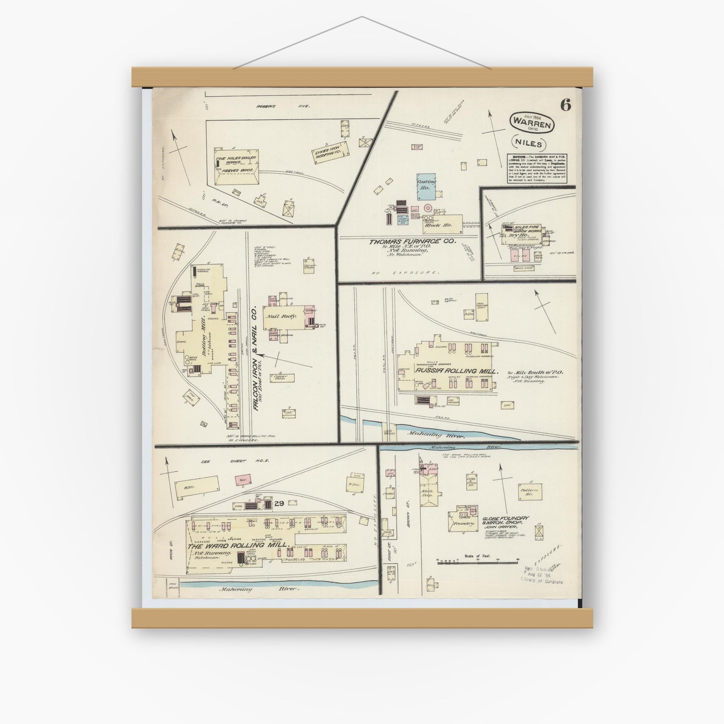 Old map wall art mockup — magnetic wood frame on white wall — Sanborn Fire Insurance Map from Warren, Trumbull County, Ohio (1884), Sheet #0006