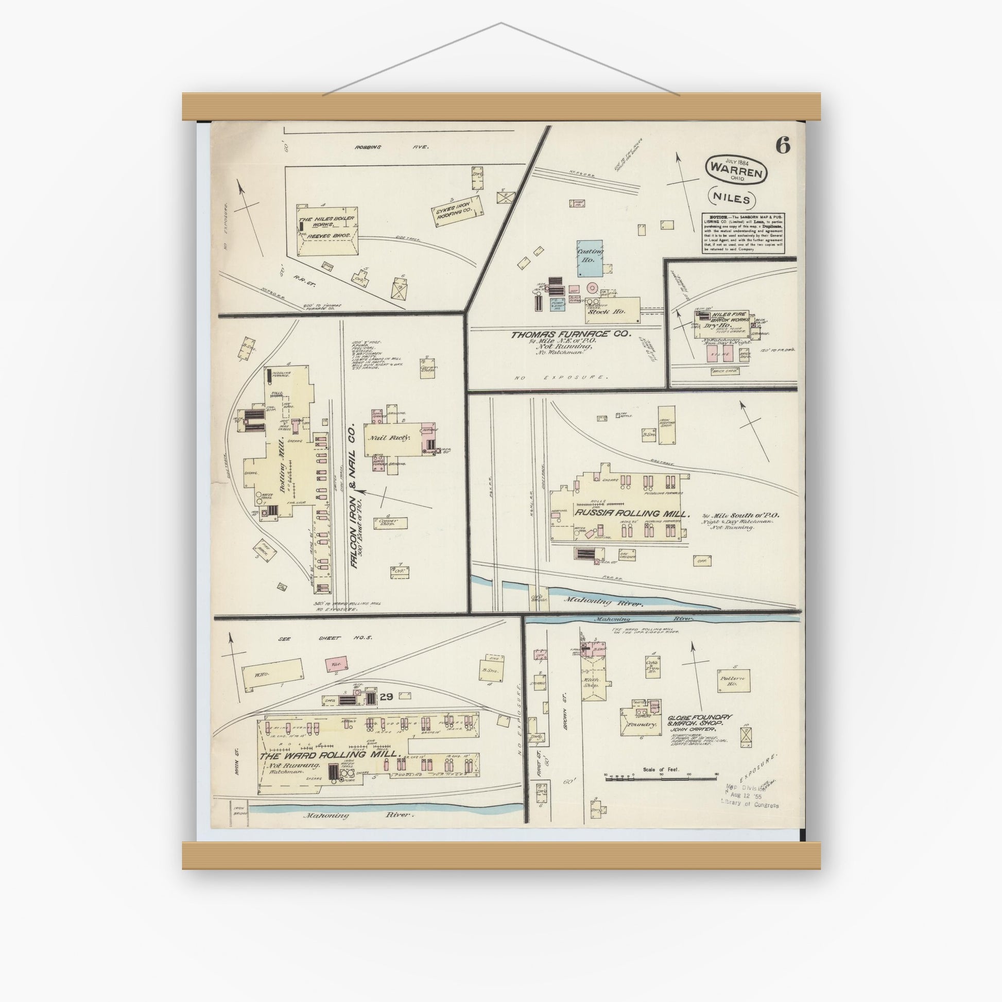 Old map wall art mockup — magnetic wood frame on white wall — Sanborn Fire Insurance Map from Warren, Trumbull County, Ohio (1884), Sheet #0006