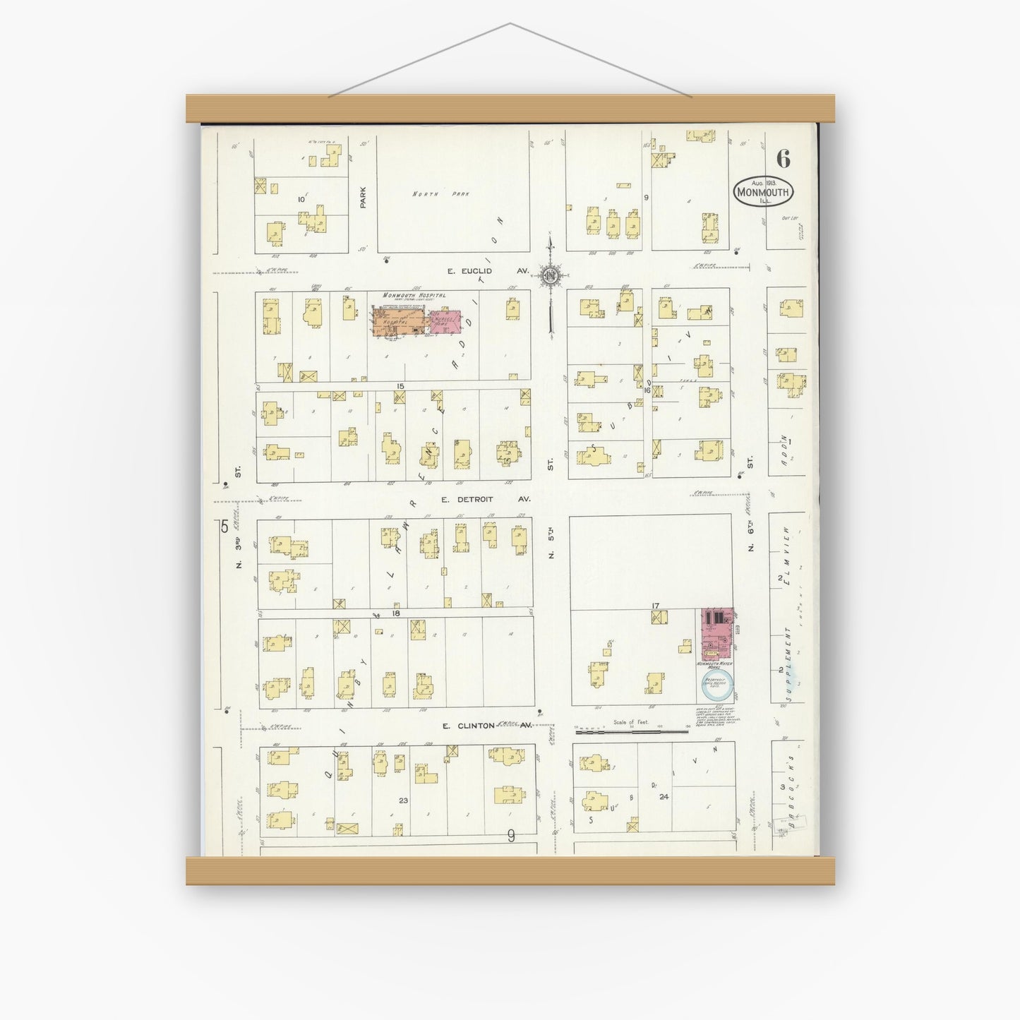 Old map wall art mockup — magnetic wood frame on white wall — Sanborn Fire Insurance Map from Monmouth, Warren County, Illinois (1913), Sheet #0006