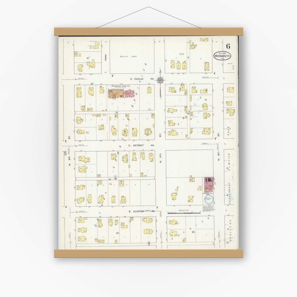 Old map wall art mockup — magnetic wood frame on white wall — Sanborn Fire Insurance Map from Monmouth, Warren County, Illinois (1913), Sheet #0006