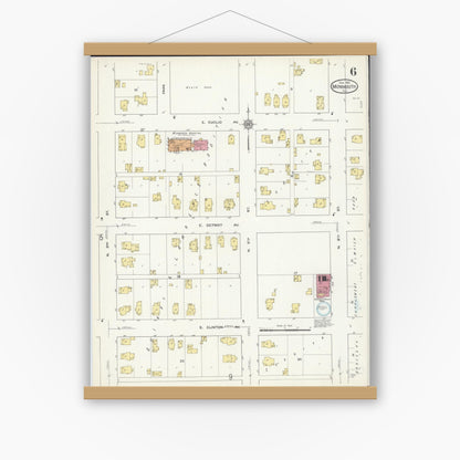 Old map wall art mockup — magnetic wood frame on white wall — Sanborn Fire Insurance Map from Monmouth, Warren County, Illinois (1913), Sheet #0006
