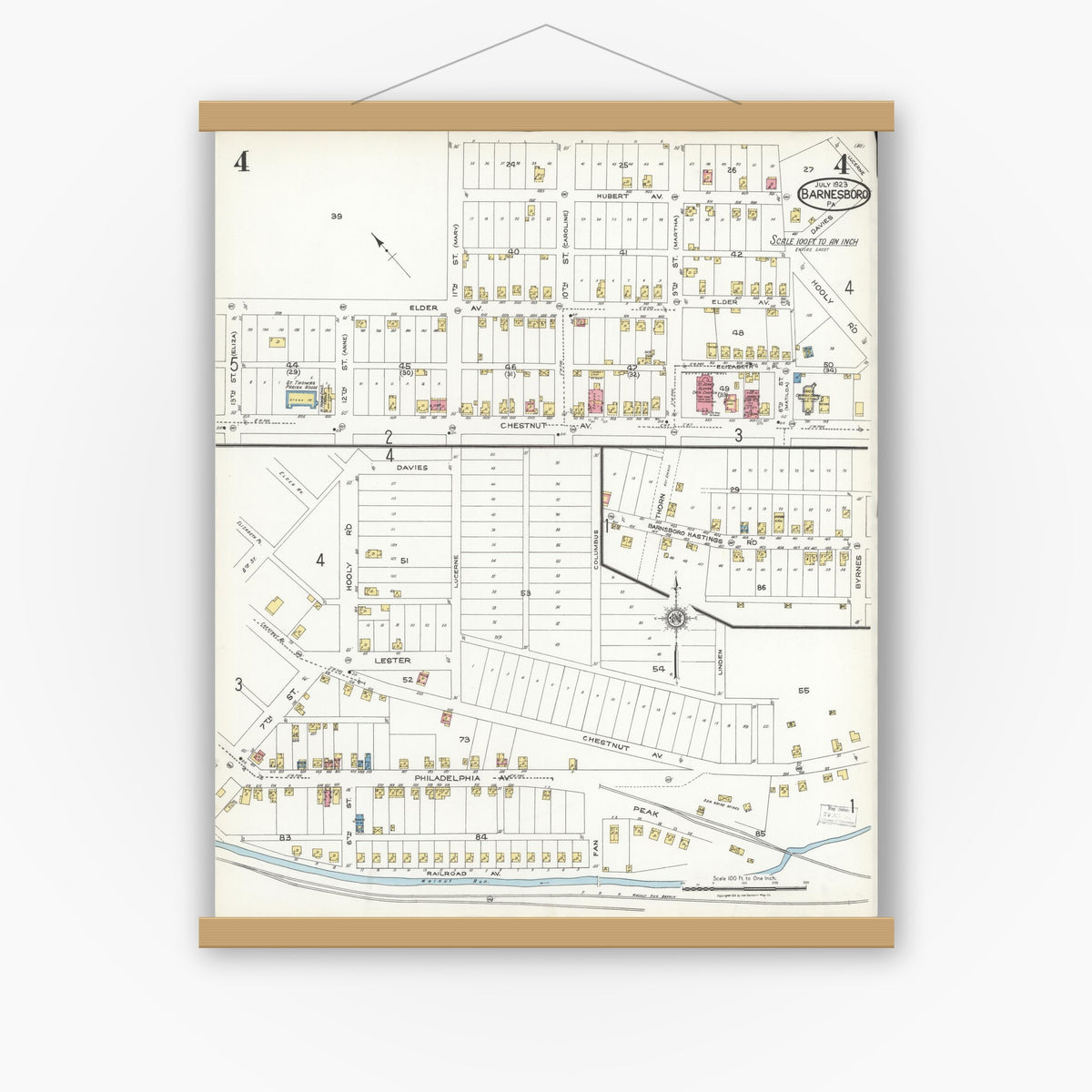 Old map wall art mockup — magnetic wood frame on white wall — Sanborn Fire Insurance Map from Barnesboro, Cambria County, Pennsylvania (1923), Sheet #0004