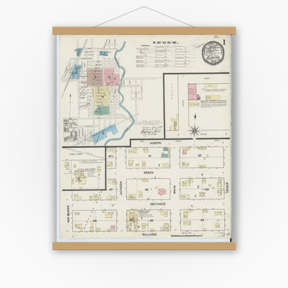 Old map wall art mockup — magnetic wood frame on white wall — Sanborn Fire Insurance Map from Auburn, De Kalb County, Indiana (1891), Sheet #0001