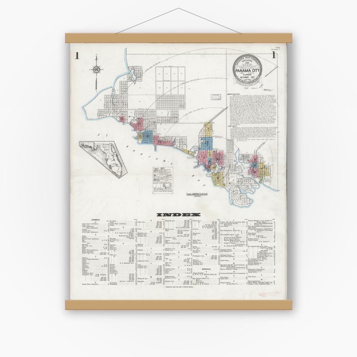 Old map wall art mockup — magnetic wood frame on white wall — Sanborn Fire Insurance Map from Panama City, Bay County, Florida (1927), Sheet #0001