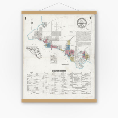 Old map wall art mockup — magnetic wood frame on white wall — Sanborn Fire Insurance Map from Panama City, Bay County, Florida (1927), Sheet #0001