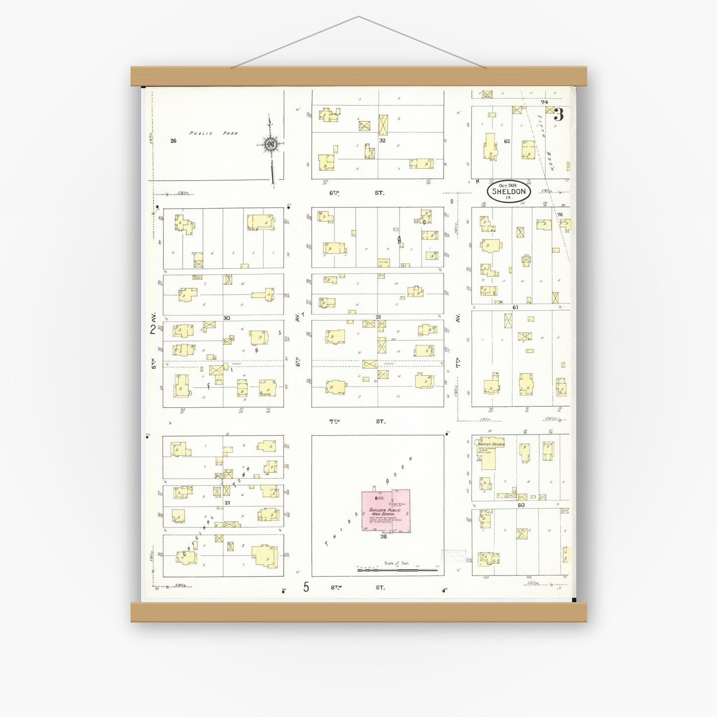Old map wall art mockup — magnetic wood frame on white wall — Sanborn Fire Insurance Map from Sheldon, O'Brien County, Iowa (1909), Sheet #0003