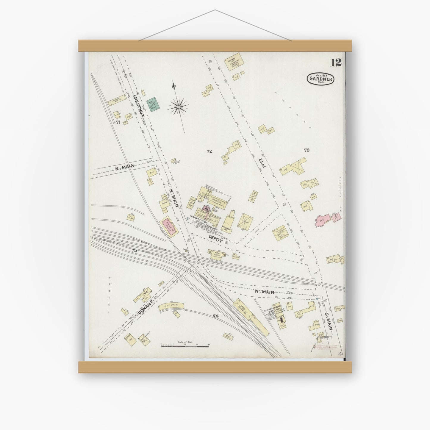 Old map wall art mockup — magnetic wood frame on white wall — Sanborn Fire Insurance Map from Gardner, Worcester County, Massachusetts (1889), Sheet #0012