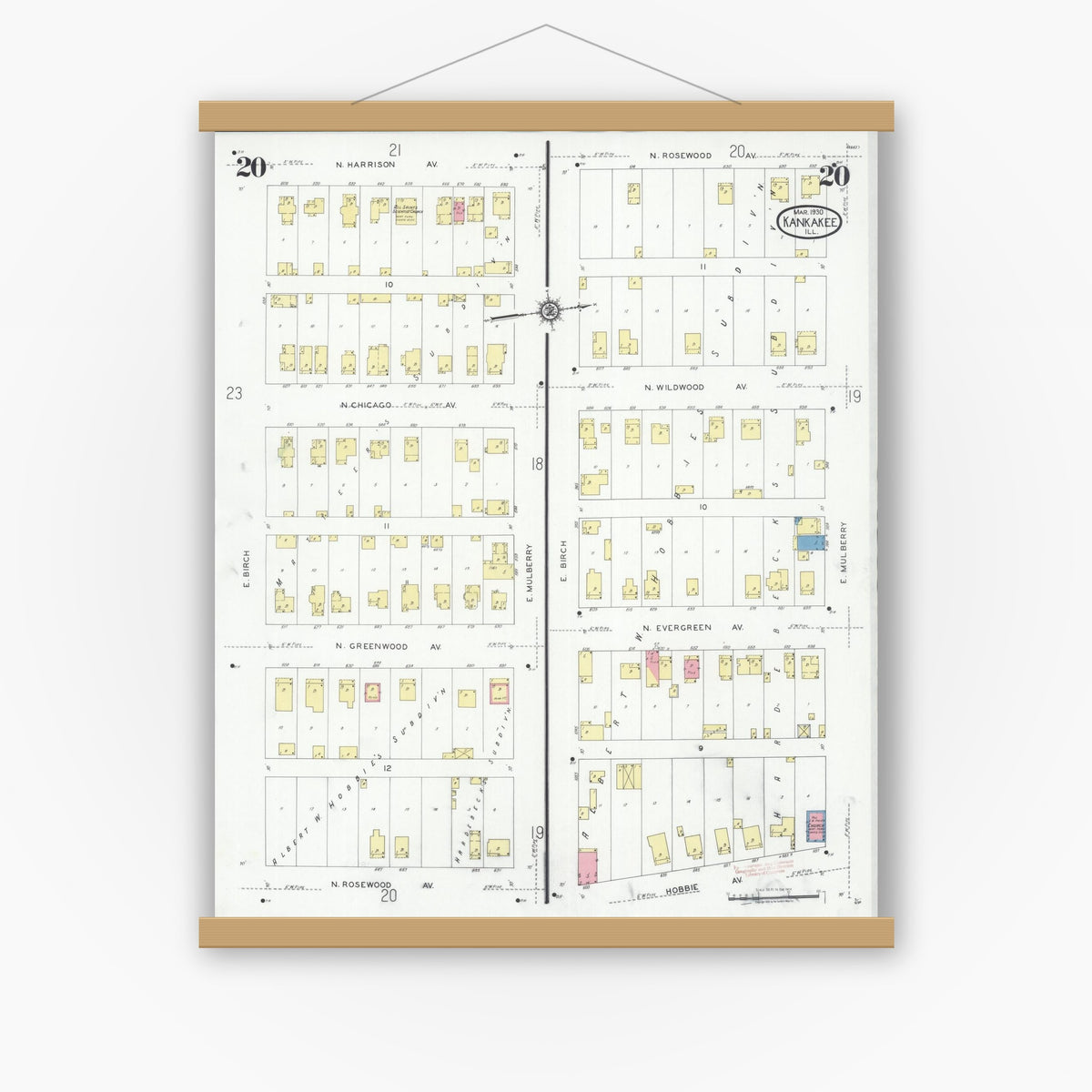 Old map wall art mockup — magnetic wood frame on white wall — Sanborn Fire Insurance Map from Kankakee, Kankakee County, Illinois (1930), Sheet #0020