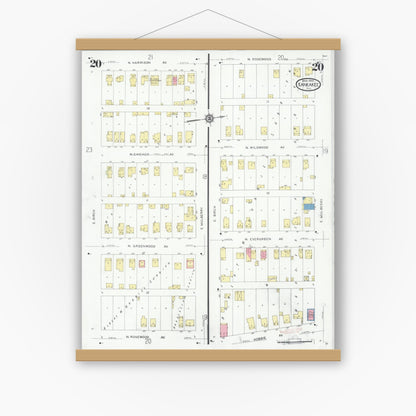 Old map wall art mockup — magnetic wood frame on white wall — Sanborn Fire Insurance Map from Kankakee, Kankakee County, Illinois (1930), Sheet #0020