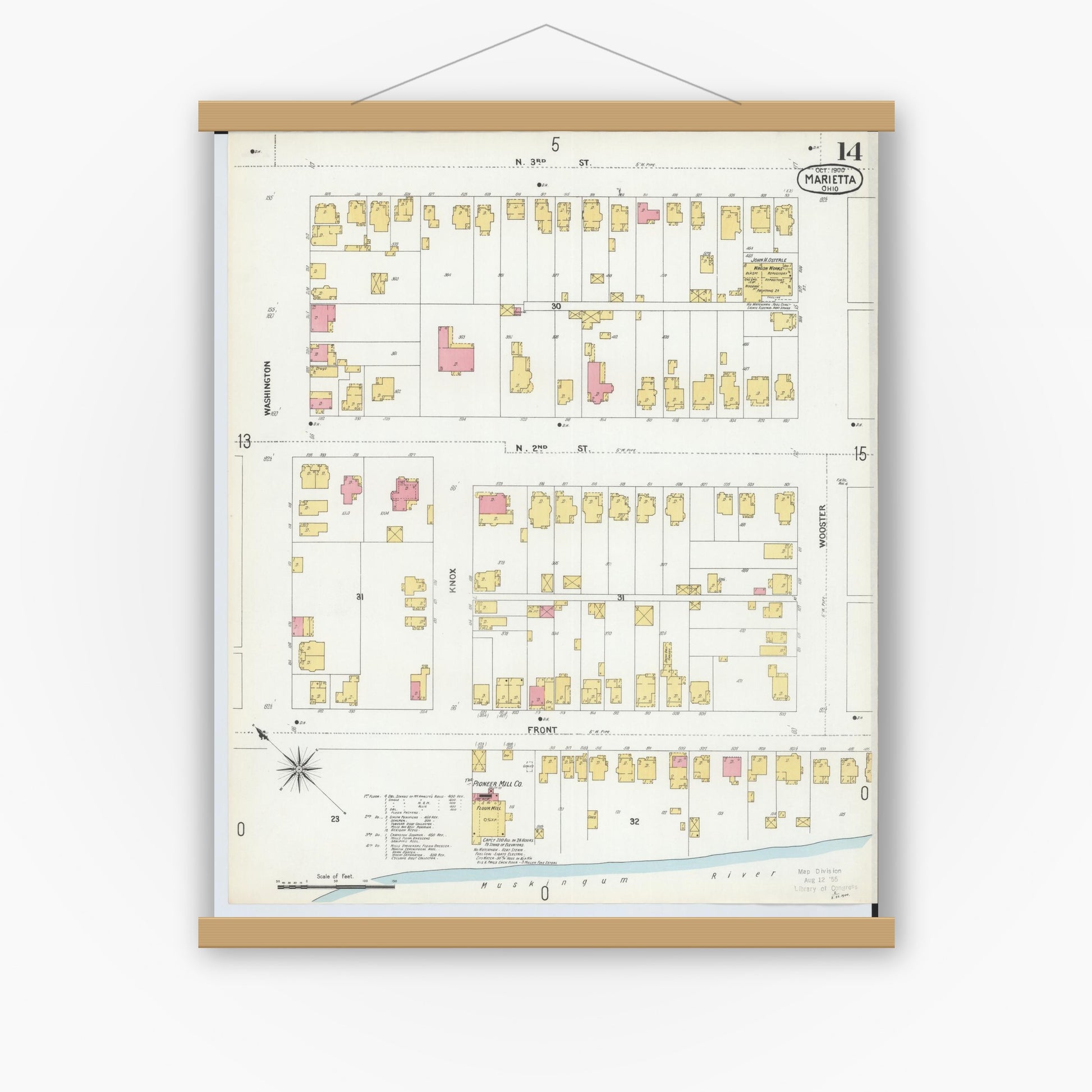 Old map wall art mockup — magnetic wood frame on white wall — Sanborn Fire Insurance Map from Marietta, Washington County, Ohio (1900), Sheet #0014