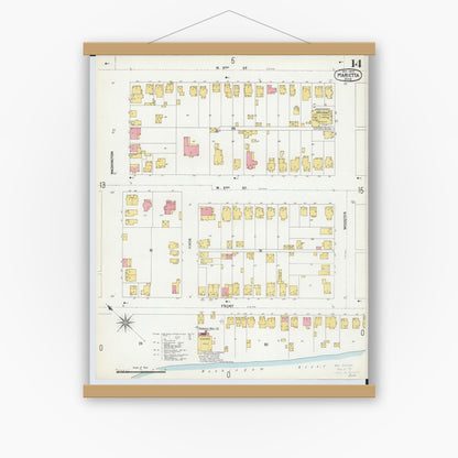 Old map wall art mockup — magnetic wood frame on white wall — Sanborn Fire Insurance Map from Marietta, Washington County, Ohio (1900), Sheet #0014