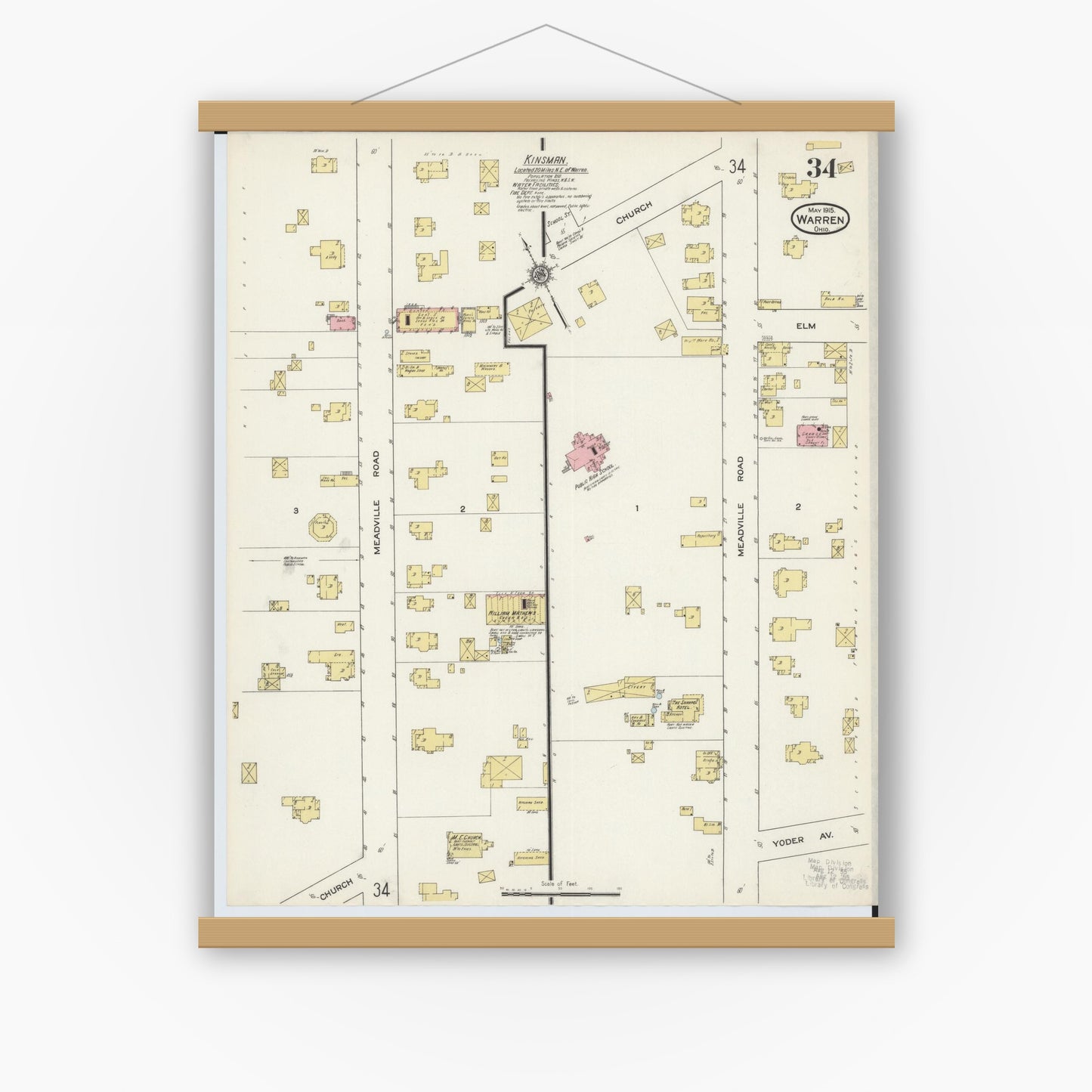 Old map wall art mockup — magnetic wood frame on white wall — Sanborn Fire Insurance Map from Warren, Trumbull County, Ohio (1915), Sheet #0034