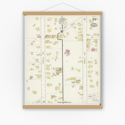 Old map wall art mockup — magnetic wood frame on white wall — Sanborn Fire Insurance Map from Warren, Trumbull County, Ohio (1915), Sheet #0034