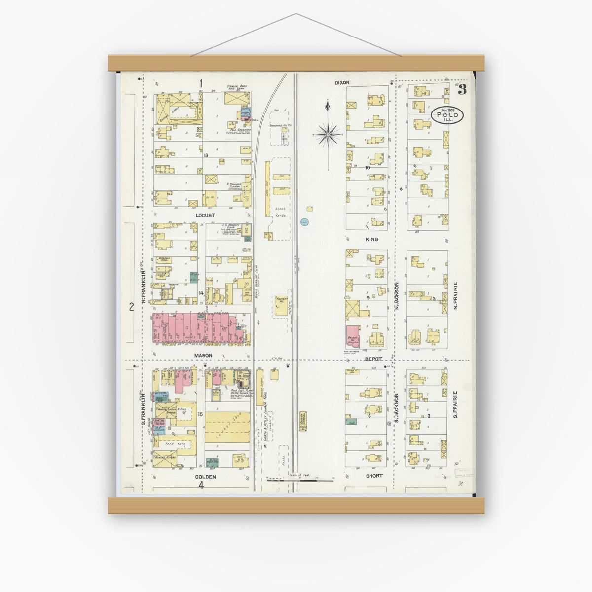 Old map wall art mockup — magnetic wood frame on white wall — Sanborn Fire Insurance Map from Polo, Ogle County, Illinois (1905), Sheet #0003