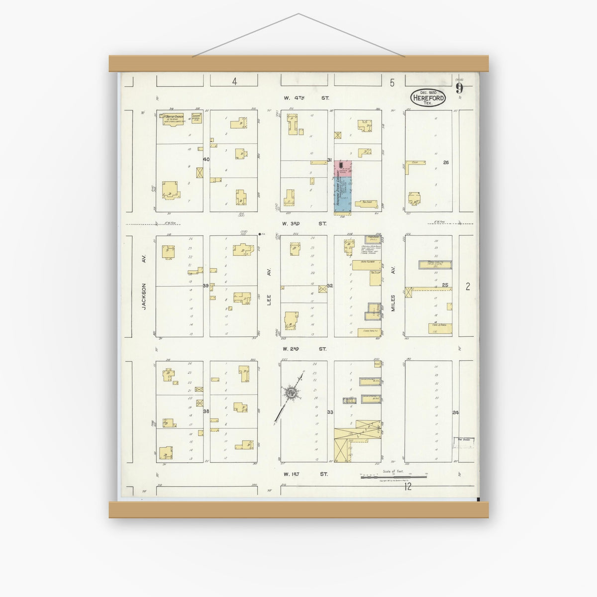 Old map wall art mockup — magnetic wood frame on white wall — Sanborn Fire Insurance Map from Hereford, Deaf Smith County, Texas (1920), Sheet #0009