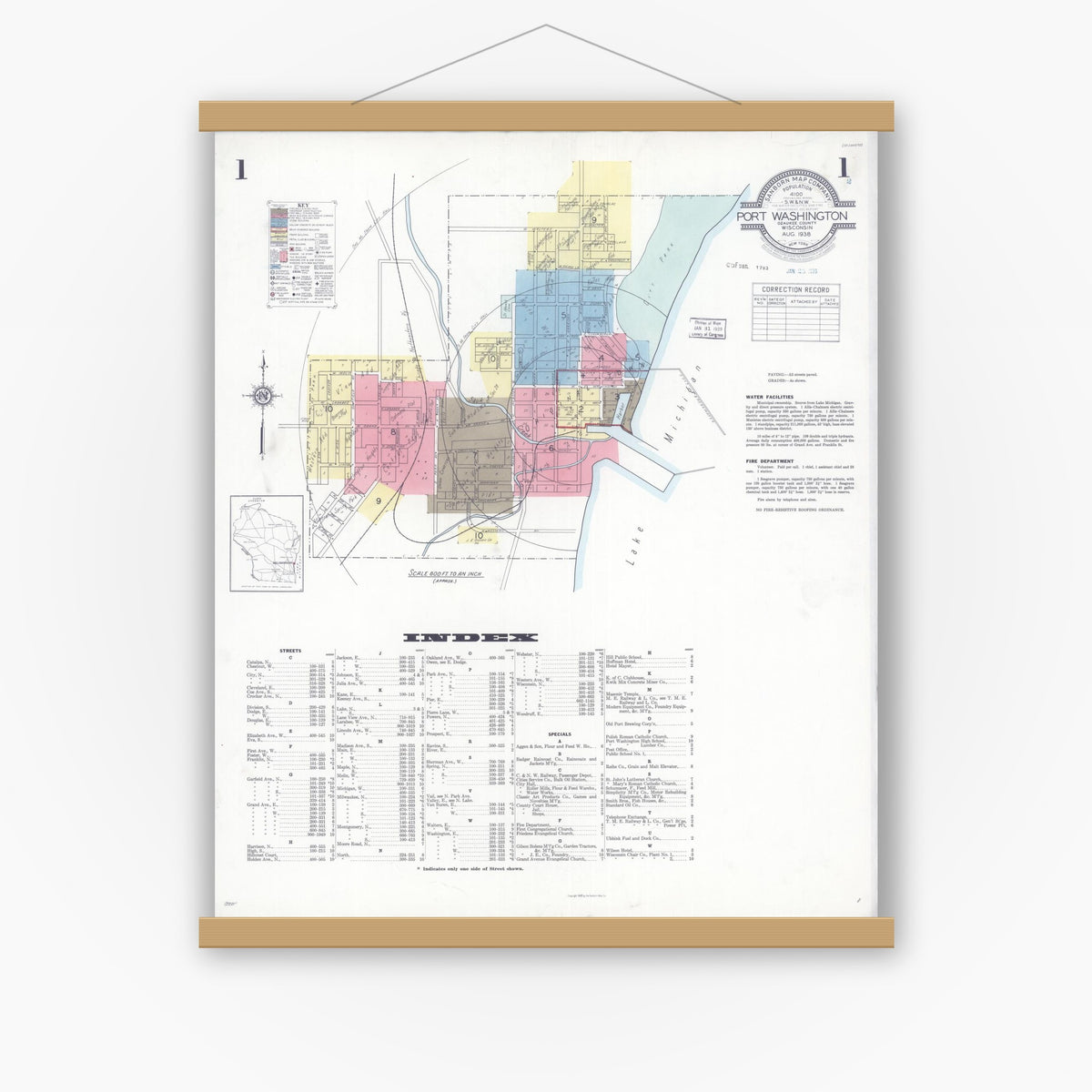 Old map wall art mockup — magnetic wood frame on white wall — Sanborn Fire Insurance Map from Port Washington, Ozaukee County, Wisconsin (1938) - Complete Map Set