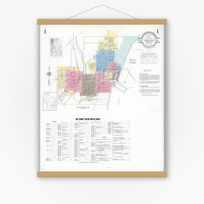 Old map wall art mockup — magnetic wood frame on white wall — Sanborn Fire Insurance Map from Port Washington, Ozaukee County, Wisconsin (1938) - Complete Map Set