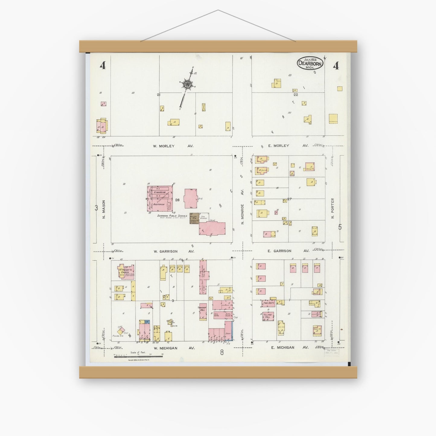 Old map wall art mockup — magnetic wood frame on white wall — Sanborn Fire Insurance Map from Dearborn, Wayne County, Michigan (1924), Sheet #0004