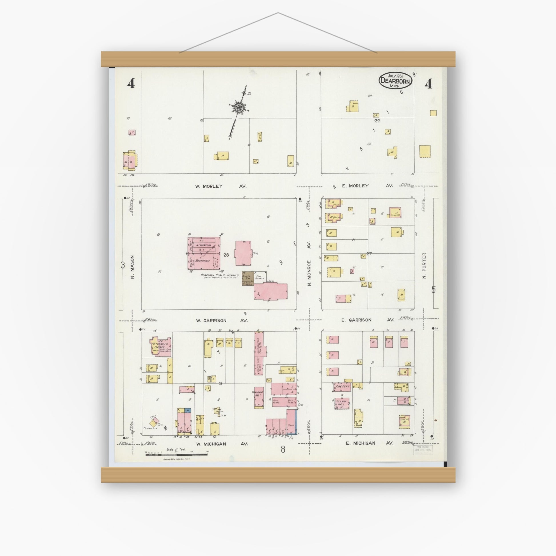 Old map wall art mockup — magnetic wood frame on white wall — Sanborn Fire Insurance Map from Dearborn, Wayne County, Michigan (1924), Sheet #0004