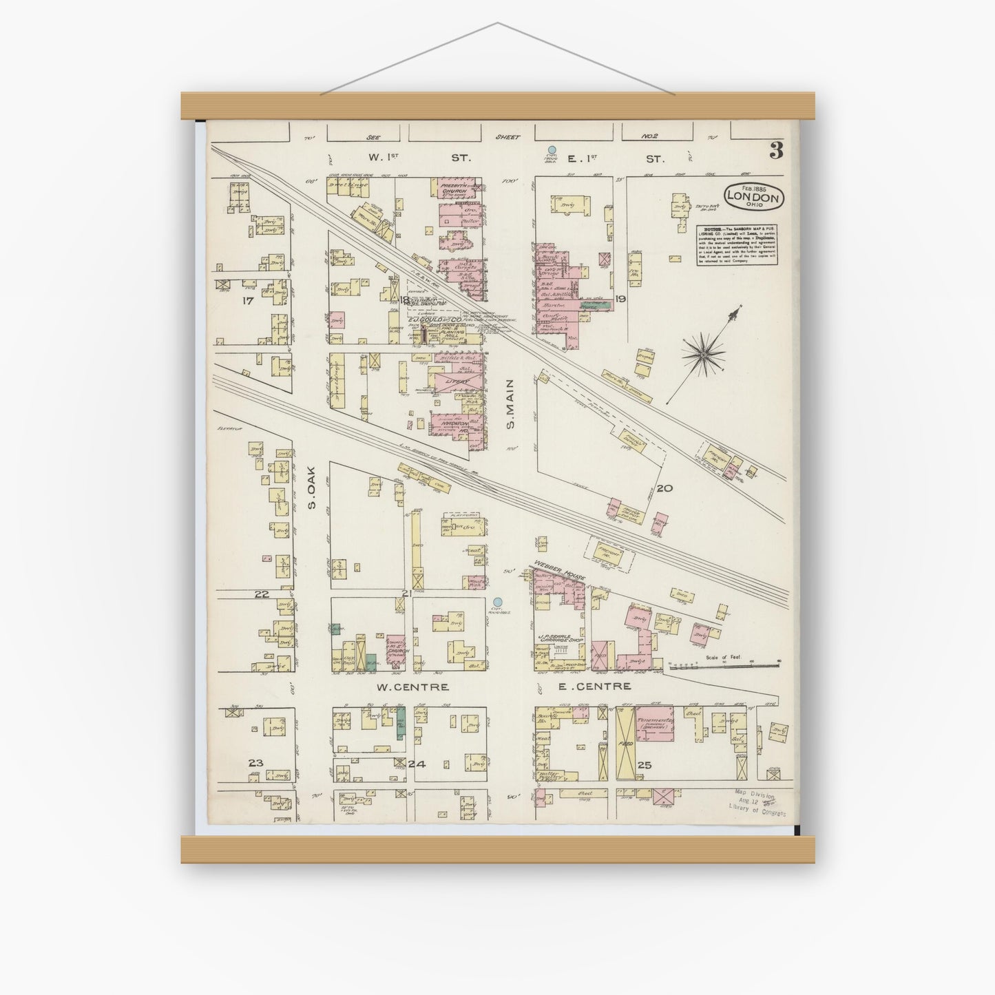 Old map wall art mockup — magnetic wood frame on white wall — Sanborn Fire Insurance Map from London, Madison County, Ohio (1885), Sheet #0003