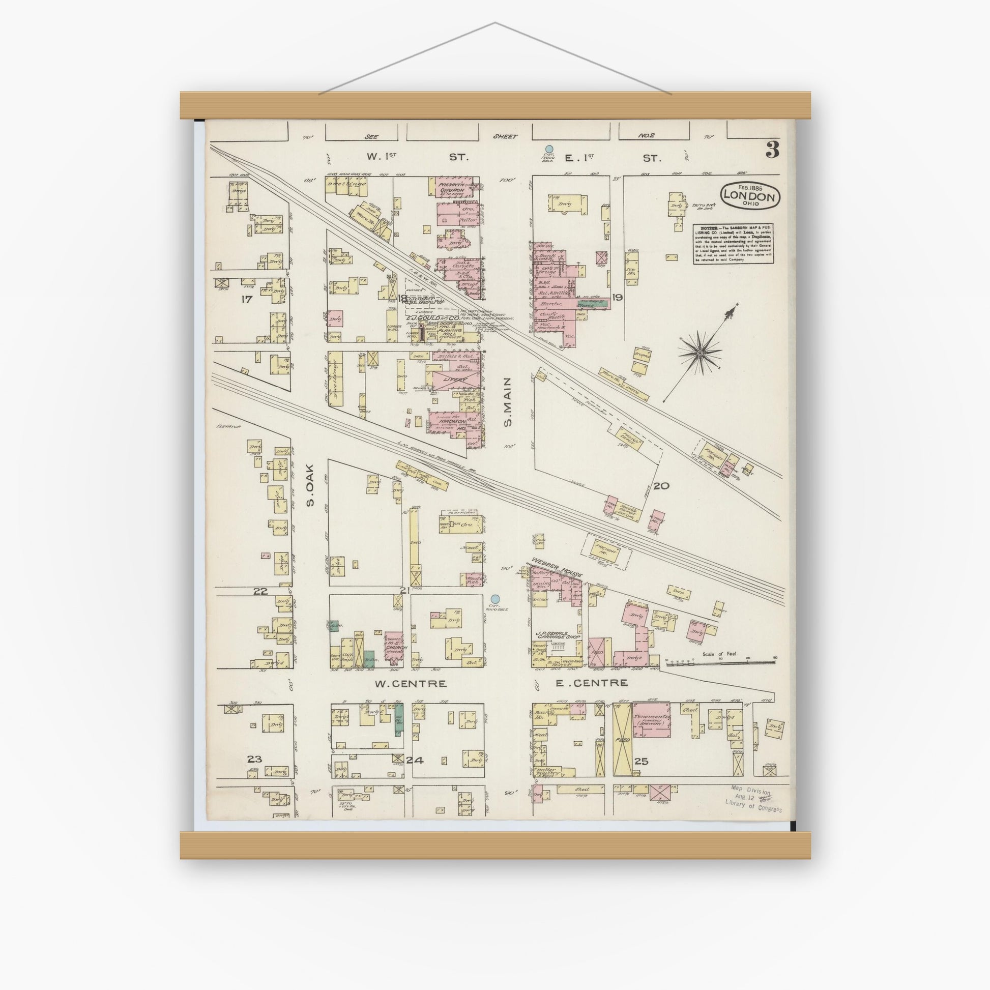 Old map wall art mockup — magnetic wood frame on white wall — Sanborn Fire Insurance Map from London, Madison County, Ohio (1885), Sheet #0003