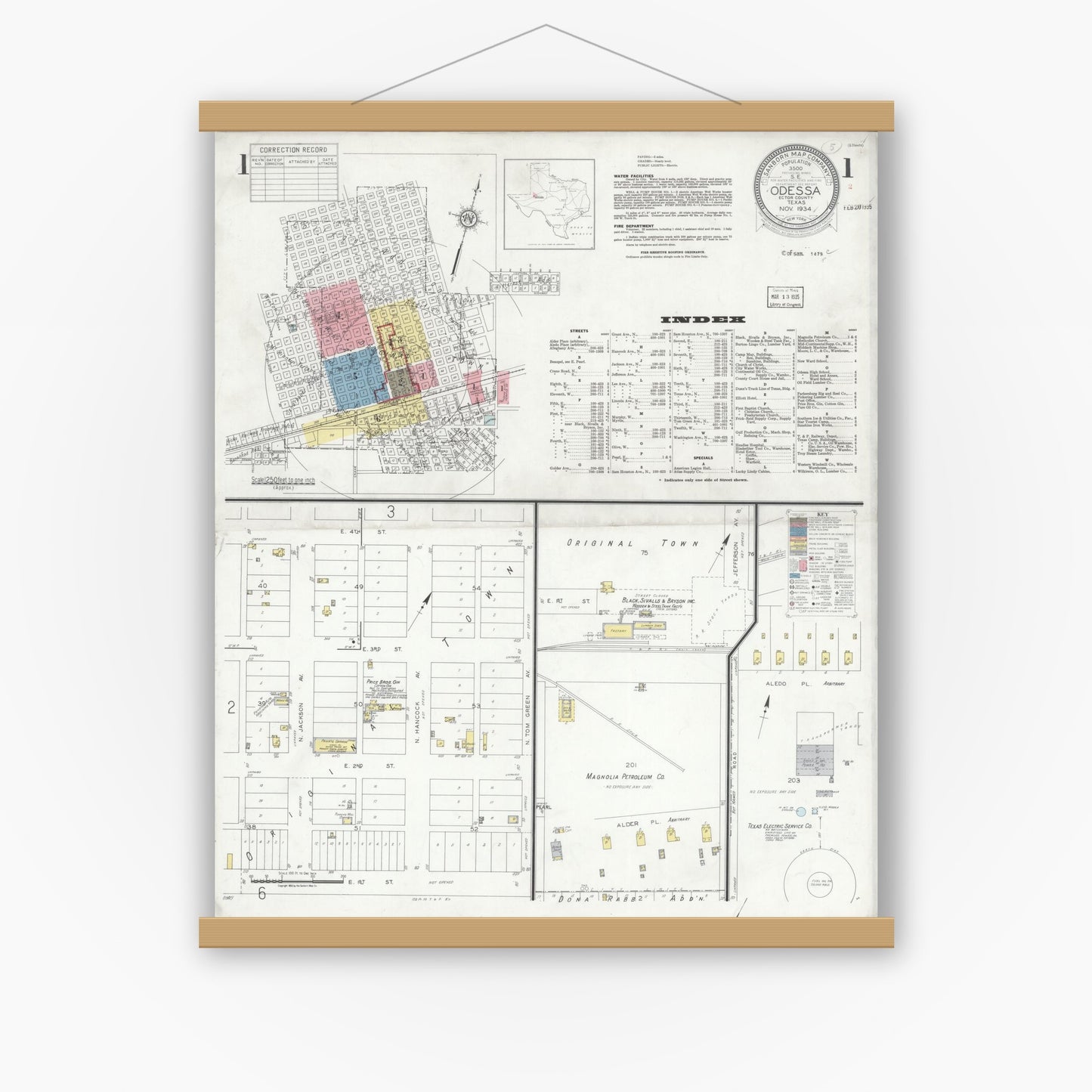 Old map wall art mockup — magnetic wood frame on white wall — Sanborn Fire Insurance Map from Odessa, Edger County, Texas (1934), Sheet #0001