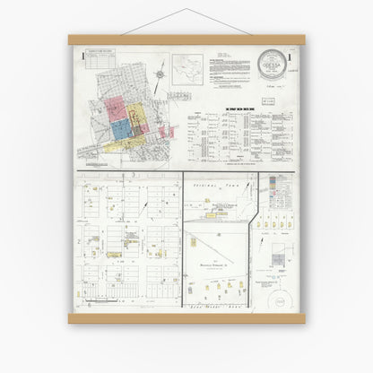 Old map wall art mockup — magnetic wood frame on white wall — Sanborn Fire Insurance Map from Odessa, Edger County, Texas (1934), Sheet #0001