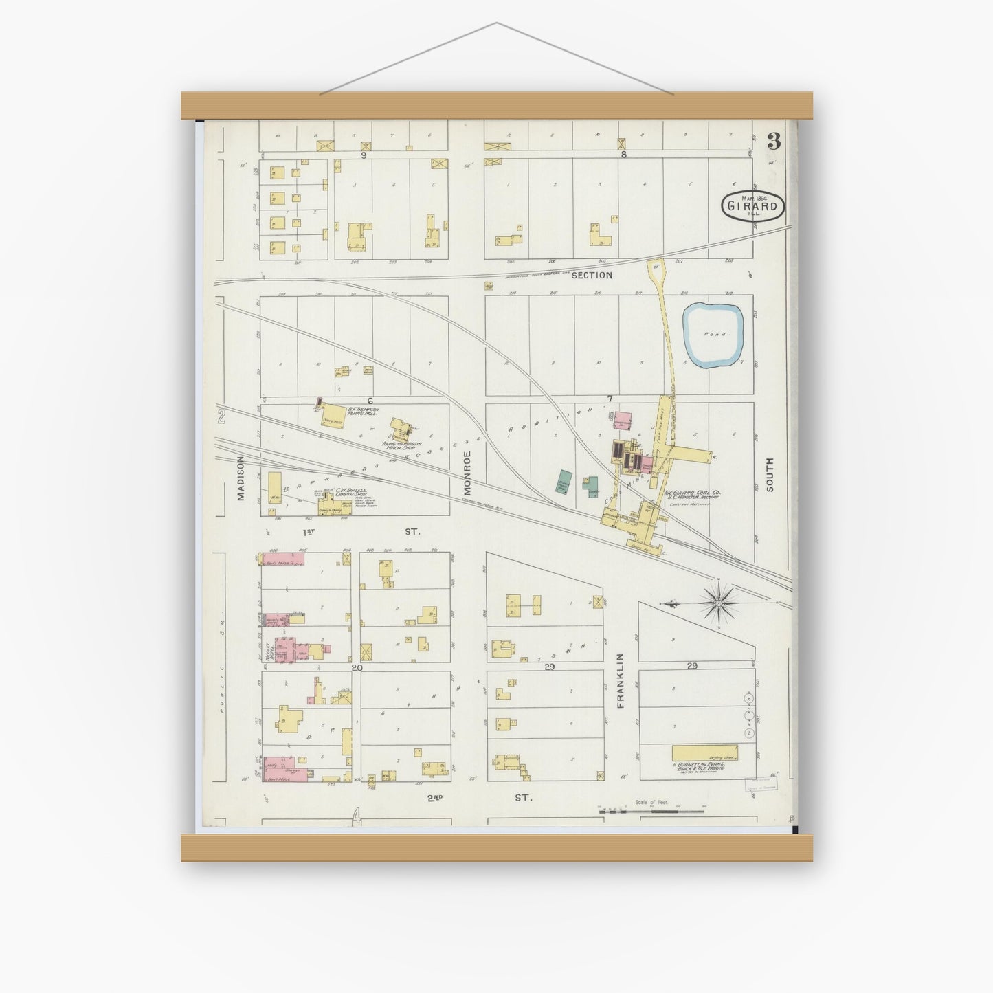 Old map wall art mockup — magnetic wood frame on white wall — Sanborn Fire Insurance Map from Girard, Macoupin County, Illinois (1894), Sheet #0003