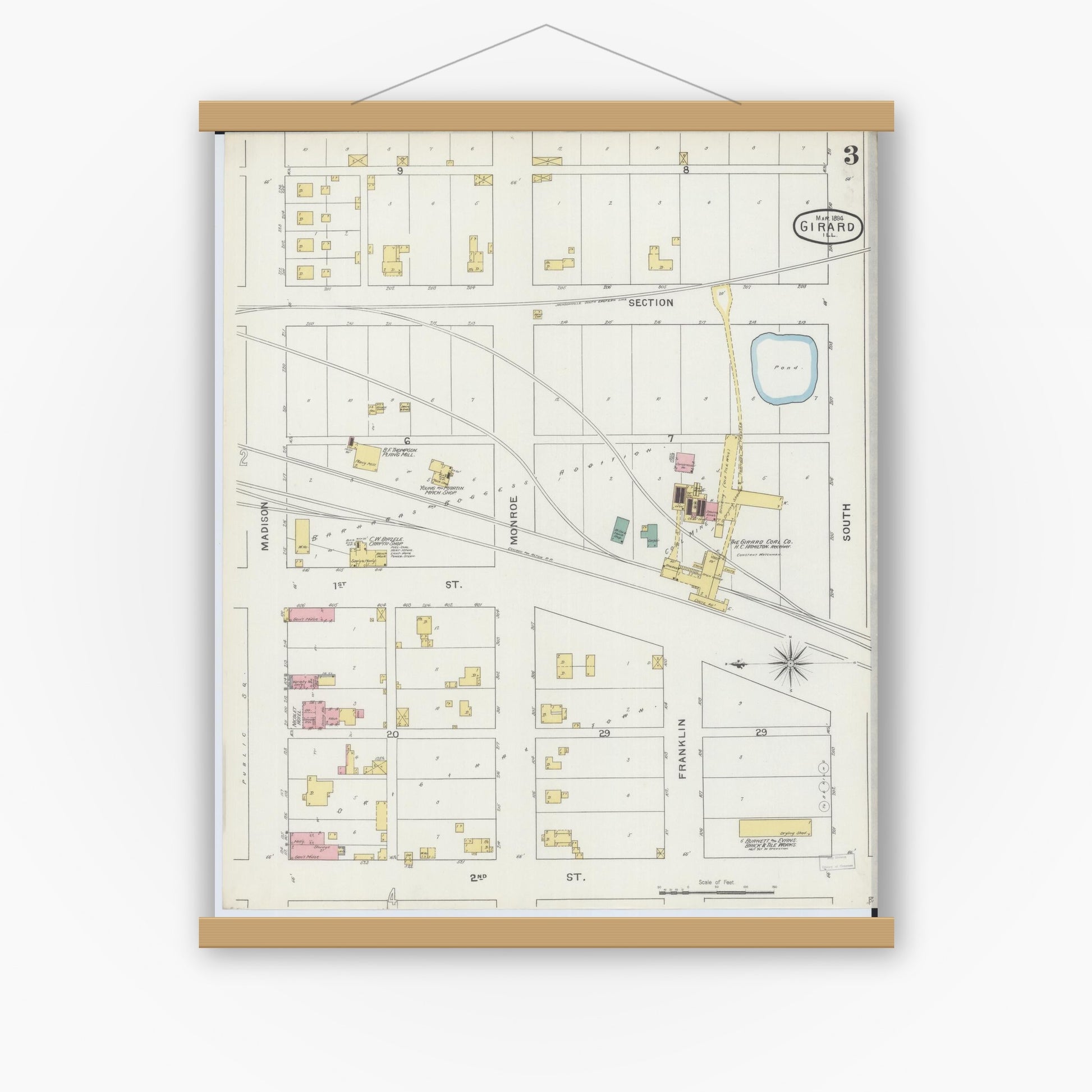 Old map wall art mockup — magnetic wood frame on white wall — Sanborn Fire Insurance Map from Girard, Macoupin County, Illinois (1894), Sheet #0003