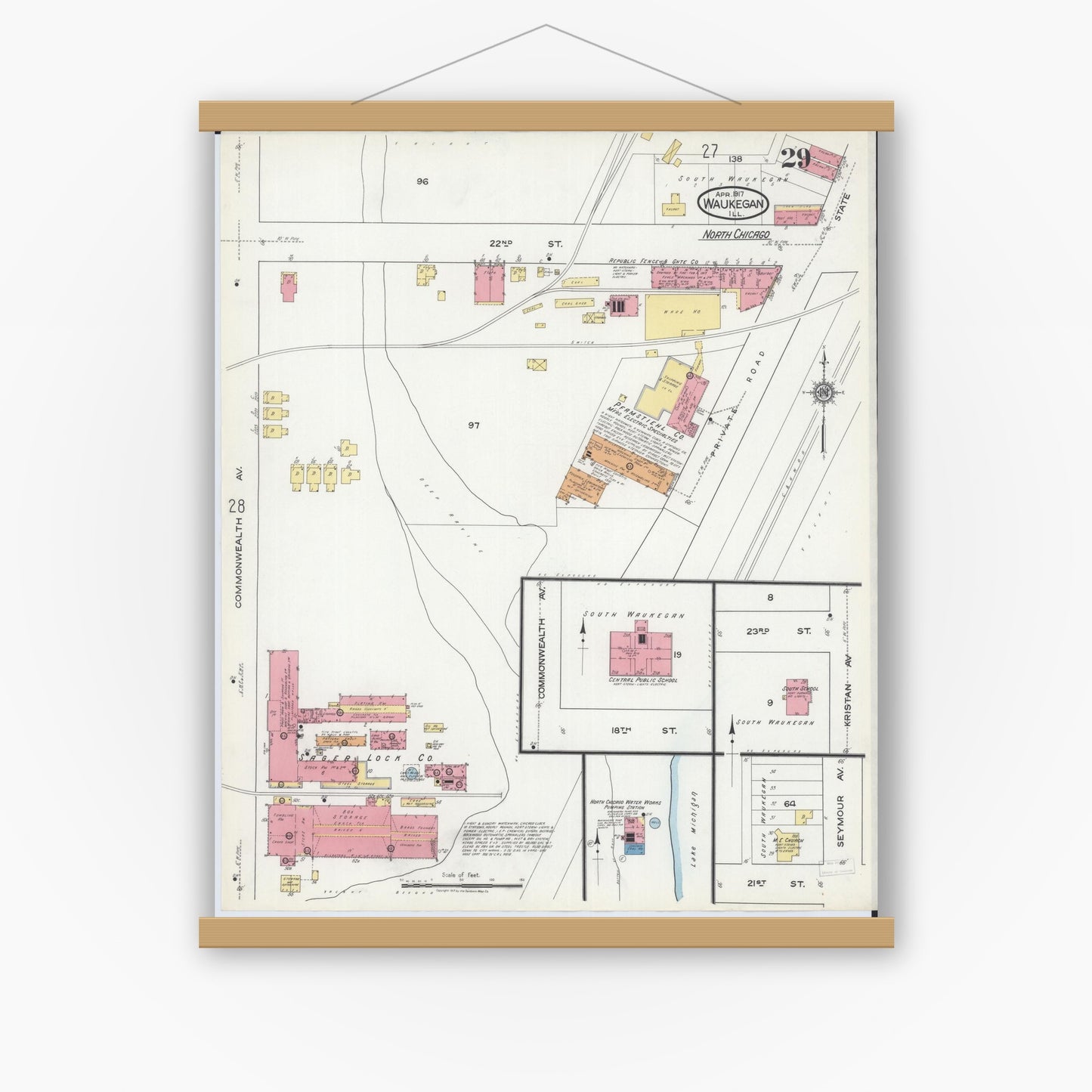 Old map wall art mockup — magnetic wood frame on white wall — Sanborn Fire Insurance Map from Waukegan, Lake County, Illinois (1917), Sheet #0029
