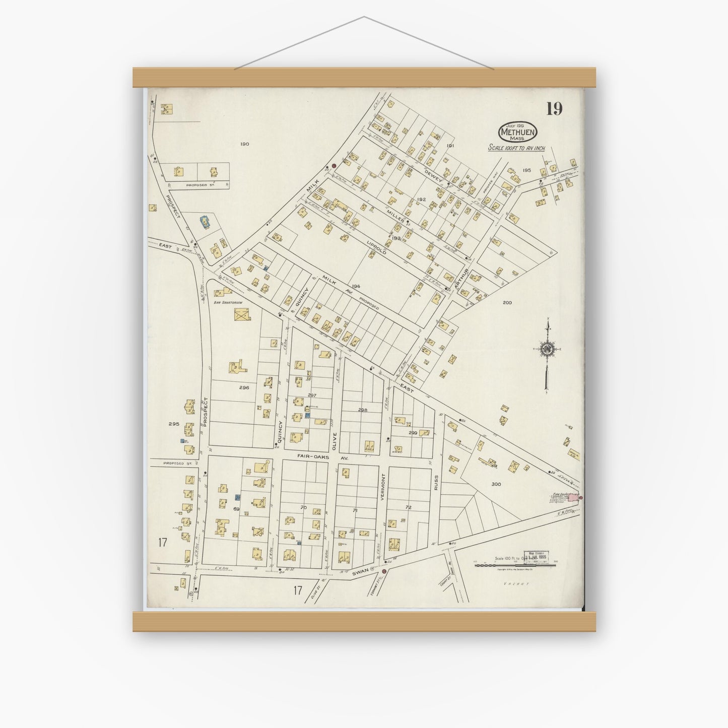 Old map wall art mockup — magnetic wood frame on white wall — Sanborn Fire Insurance Map from Methuen, Essex County, Massachusetts (1919), Sheet #0019