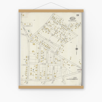 Old map wall art mockup — magnetic wood frame on white wall — Sanborn Fire Insurance Map from Methuen, Essex County, Massachusetts (1919), Sheet #0019