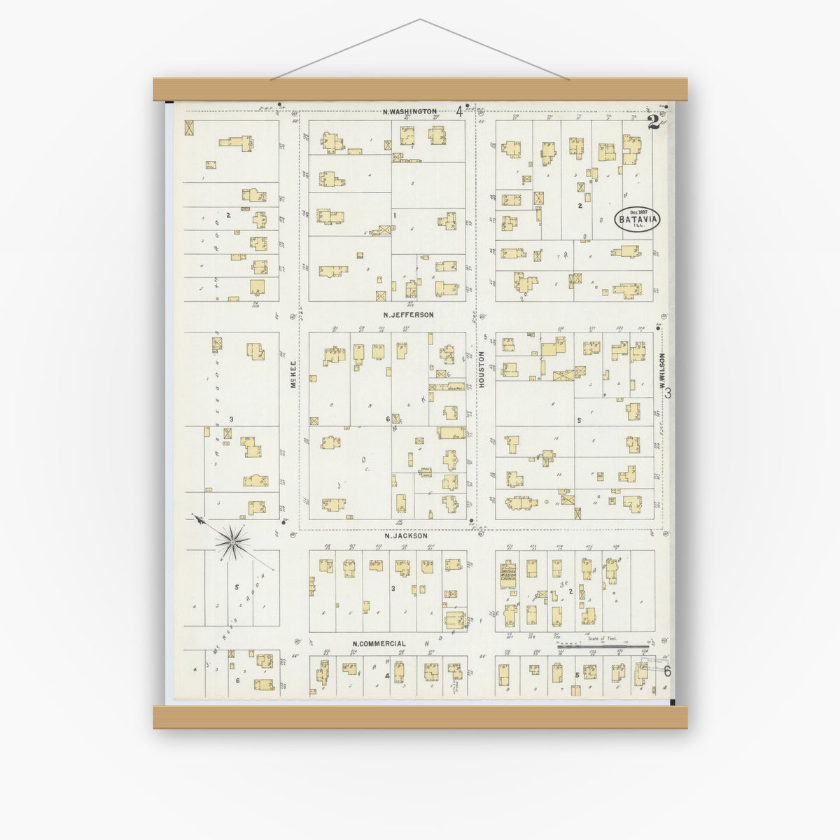 Old map wall art mockup — magnetic wood frame on white wall — Sanborn Fire Insurance Map from Batavia, Kane County, Illinois (1897), Sheet #0002