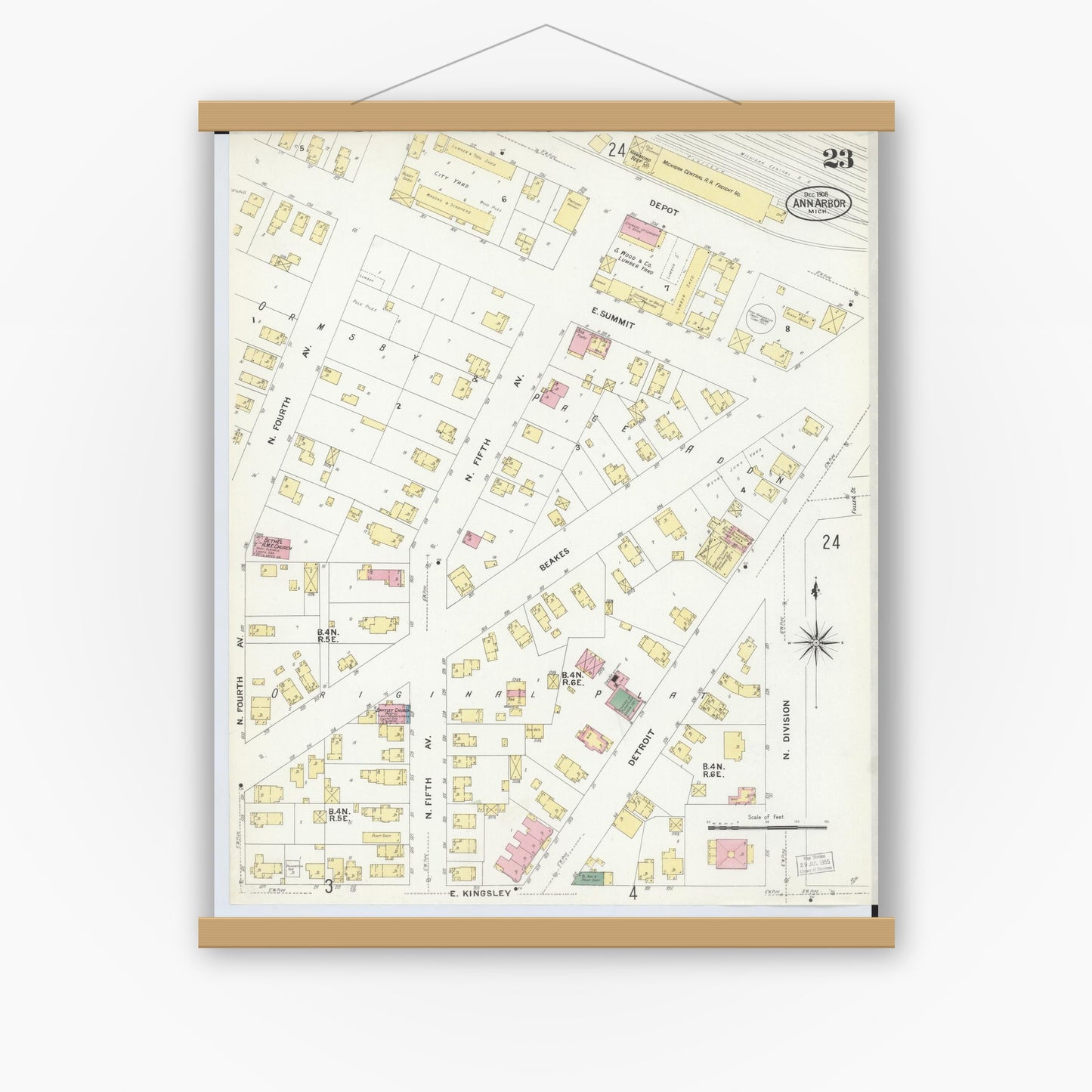 Old map wall art mockup — magnetic wood frame on white wall — Sanborn Fire Insurance Map from Ann Arbor, Washtenaw County, Michigan (1908), Sheet #0023