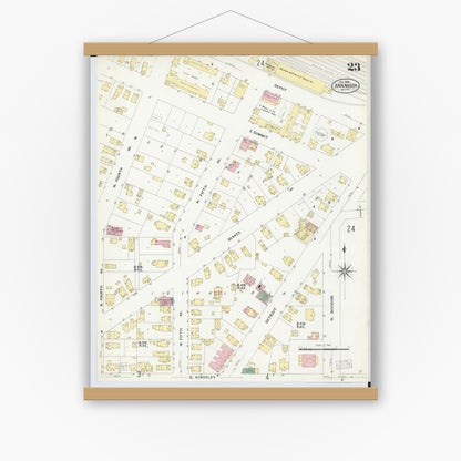 Old map wall art mockup — magnetic wood frame on white wall — Sanborn Fire Insurance Map from Ann Arbor, Washtenaw County, Michigan (1908), Sheet #0023