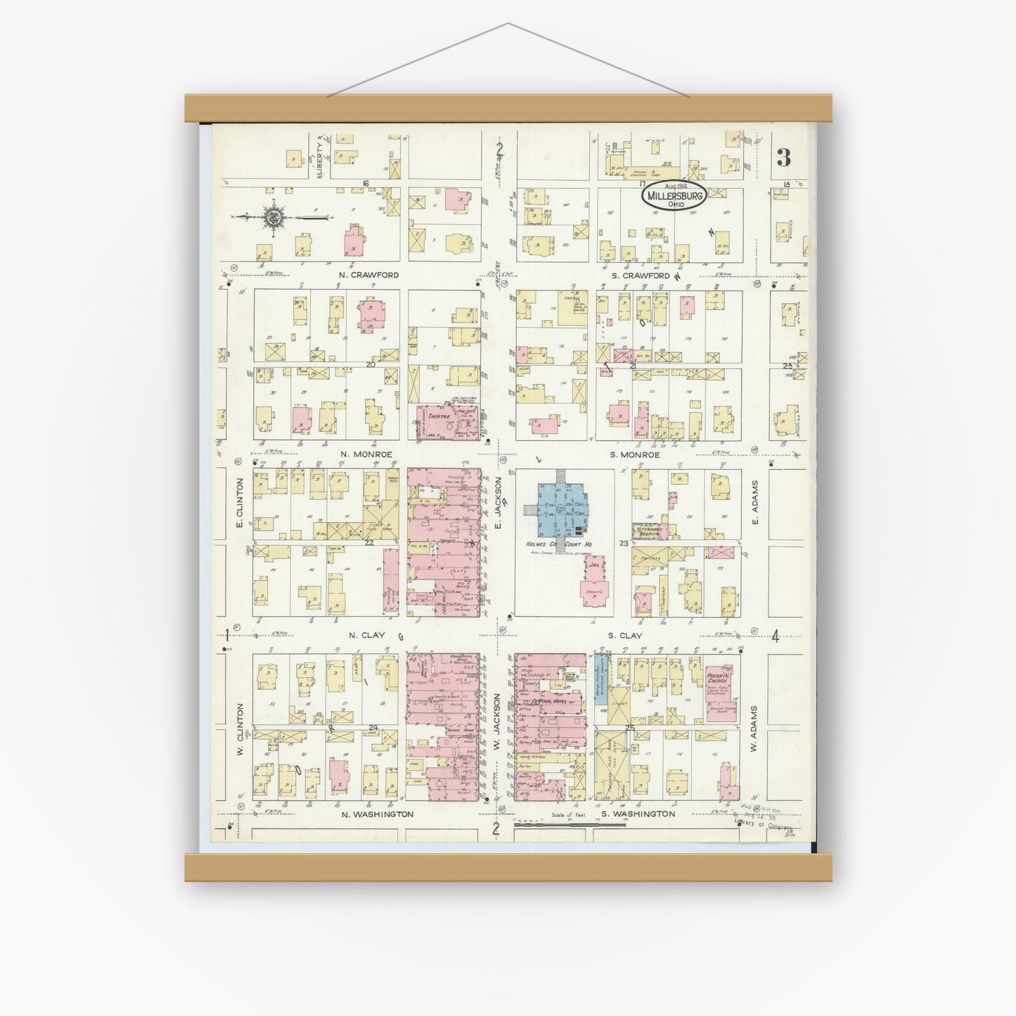 Old map wall art mockup — magnetic wood frame on white wall — Sanborn Fire Insurance Map from Millersburg, Holmes County, Ohio (1914), Sheet #0003