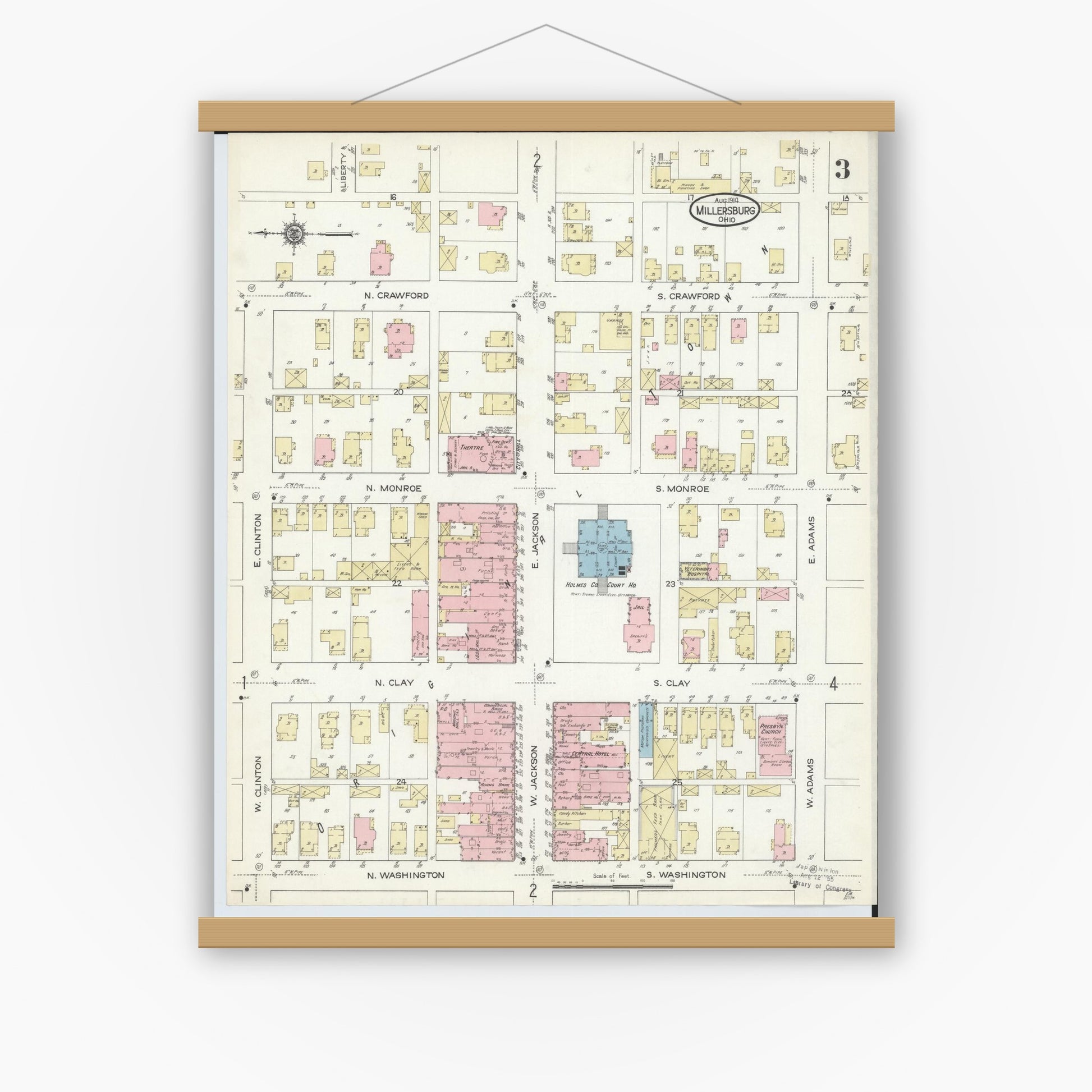 Old map wall art mockup — magnetic wood frame on white wall — Sanborn Fire Insurance Map from Millersburg, Holmes County, Ohio (1914), Sheet #0003