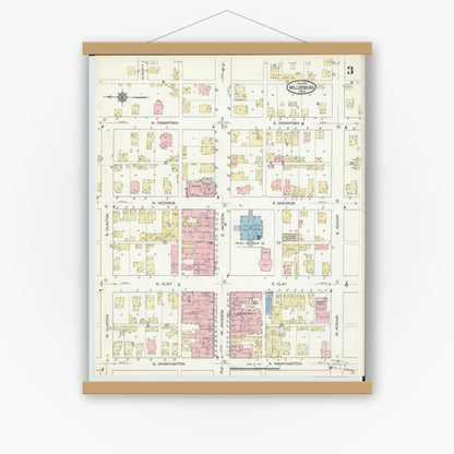 Old map wall art mockup — magnetic wood frame on white wall — Sanborn Fire Insurance Map from Millersburg, Holmes County, Ohio (1914), Sheet #0003