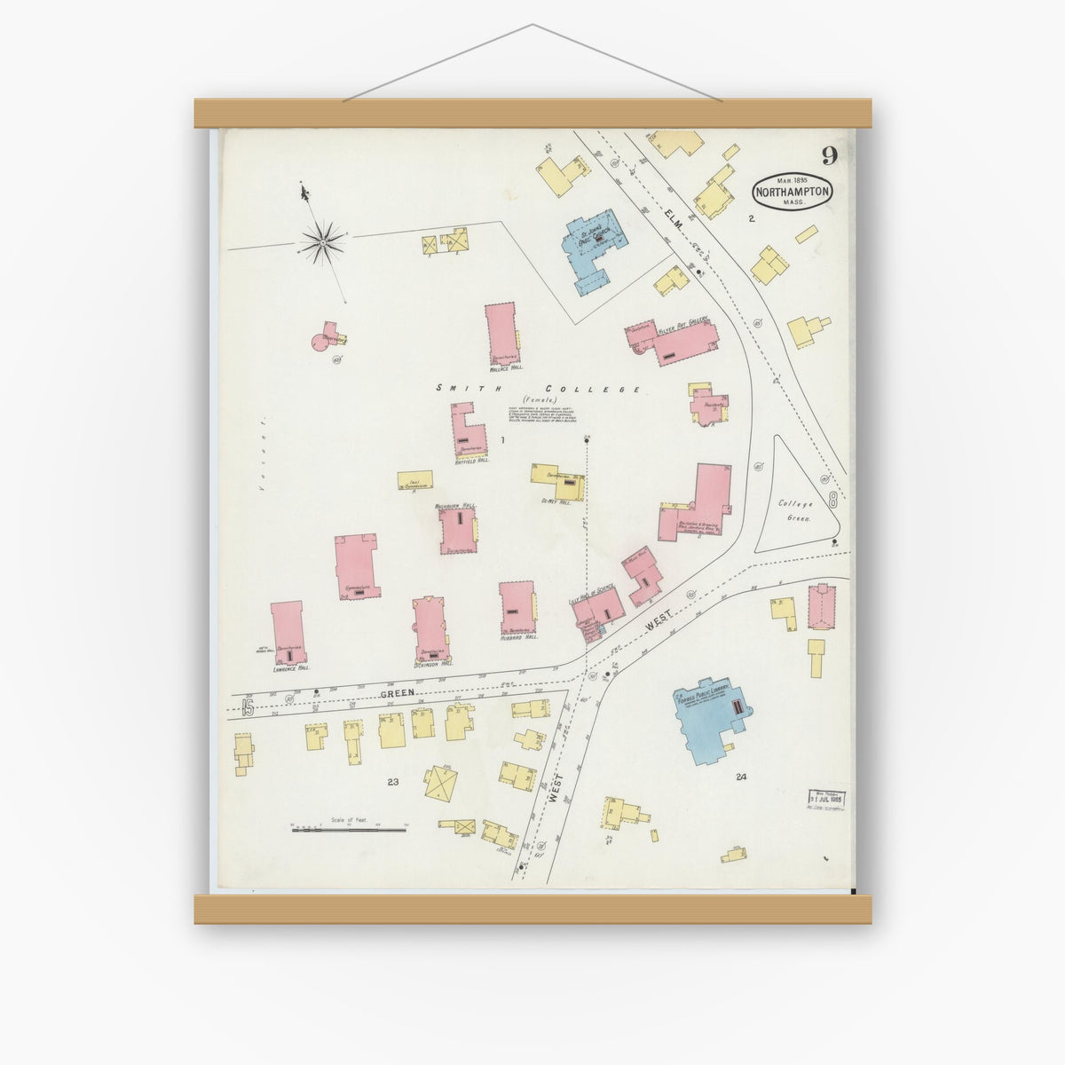 Old map wall art mockup — magnetic wood frame on white wall — Sanborn Fire Insurance Map from Northampton, Hampshire County, Massachusetts (1895), Sheet #0009