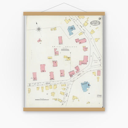Old map wall art mockup — magnetic wood frame on white wall — Sanborn Fire Insurance Map from Northampton, Hampshire County, Massachusetts (1895), Sheet #0009