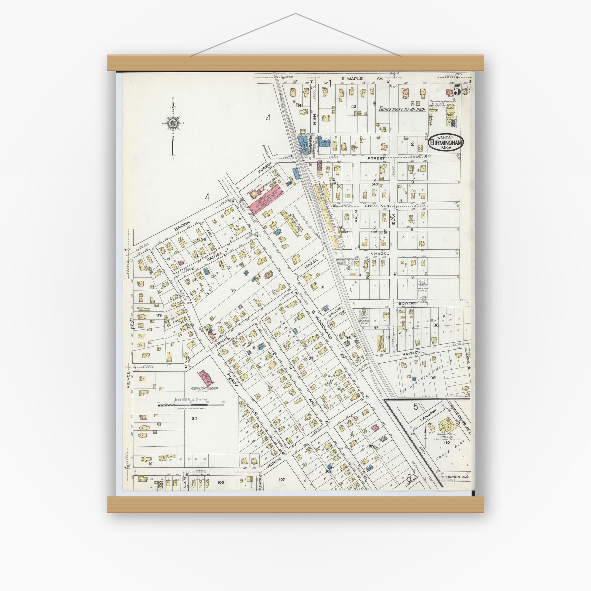 Old map wall art mockup — magnetic wood frame on white wall — Sanborn Fire Insurance Map from Birmingham, Oakland County, Michigan (1921), Sheet #0005
