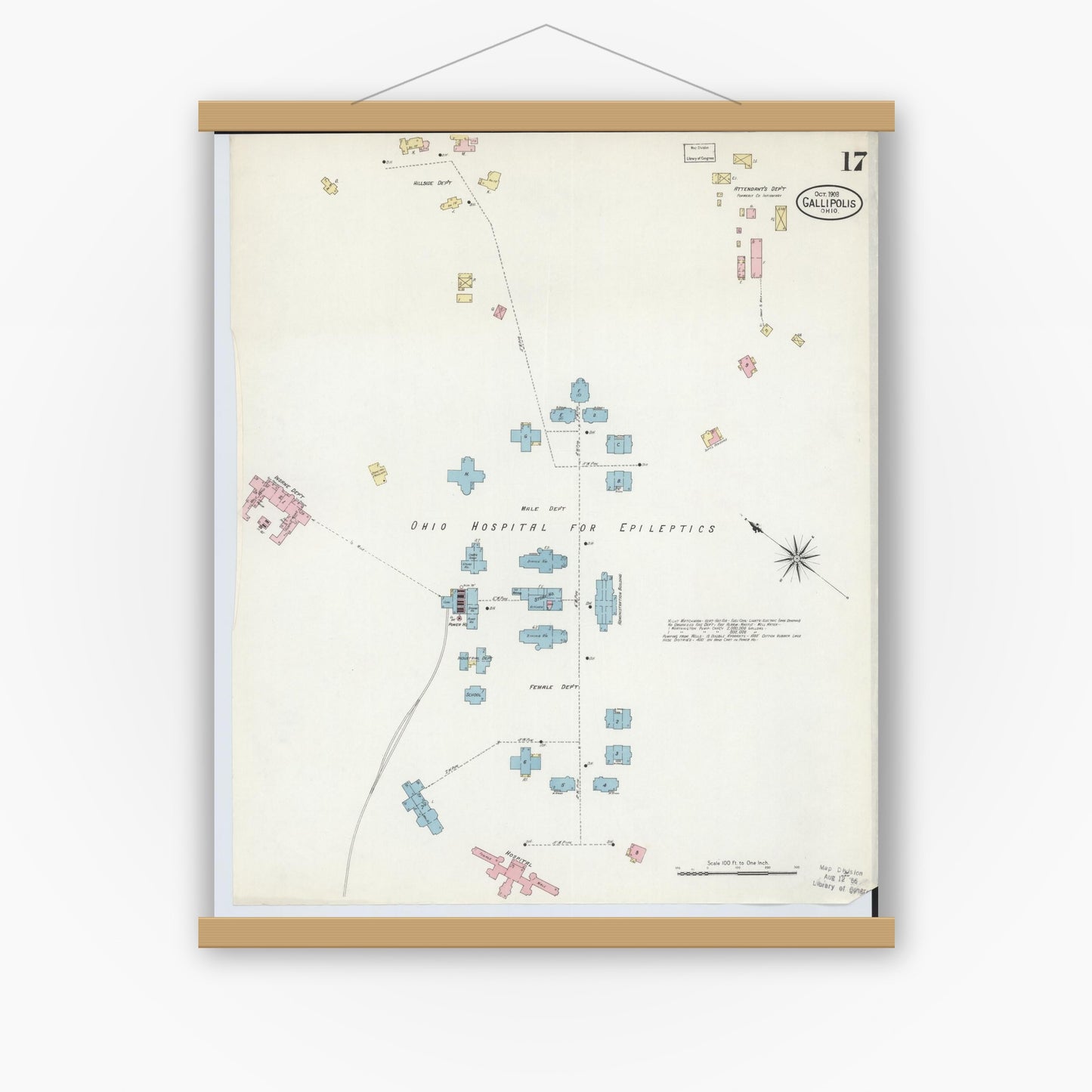 Old map wall art mockup — magnetic wood frame on white wall — Sanborn Fire Insurance Map from Gallipolis, Gallia County, Ohio (1908), Sheet #0017
