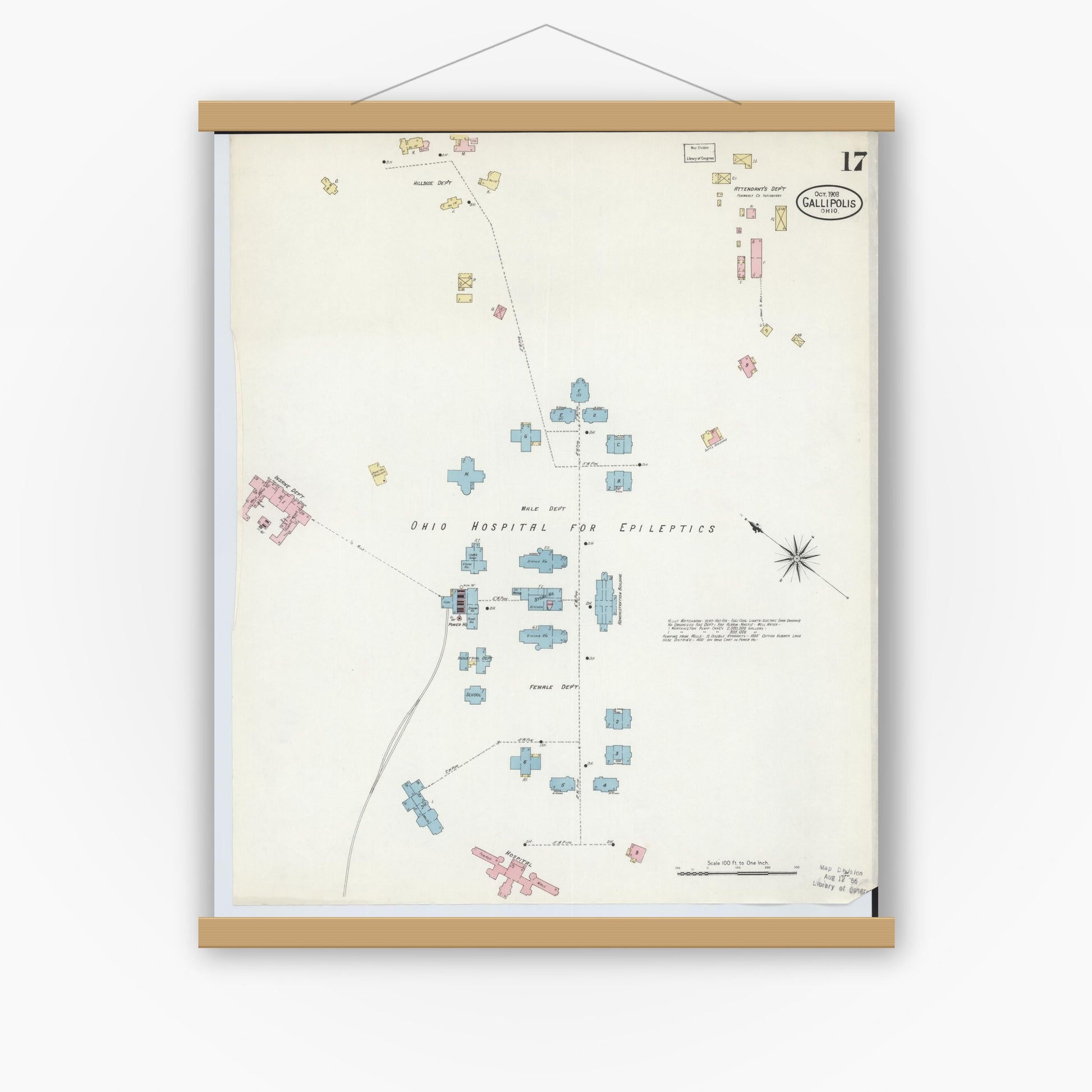 Old map wall art mockup — magnetic wood frame on white wall — Sanborn Fire Insurance Map from Gallipolis, Gallia County, Ohio (1908), Sheet #0017