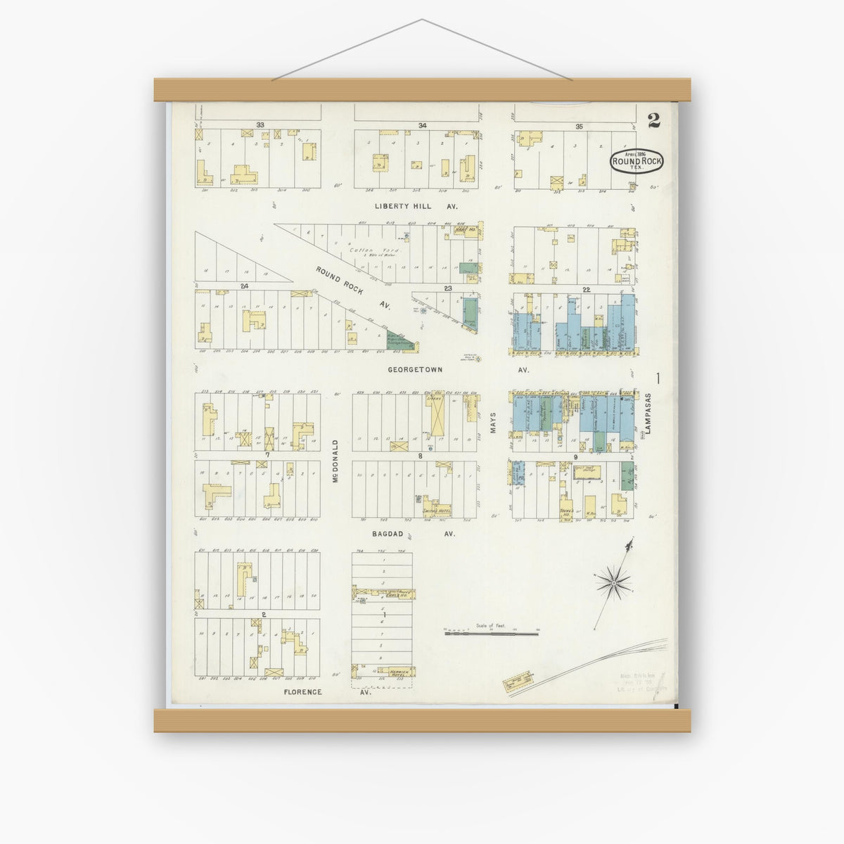 Old map wall art mockup — magnetic wood frame on white wall — Sanborn Fire Insurance Map from Round Rock, Williamson County, Texas (1896), Sheet #0002