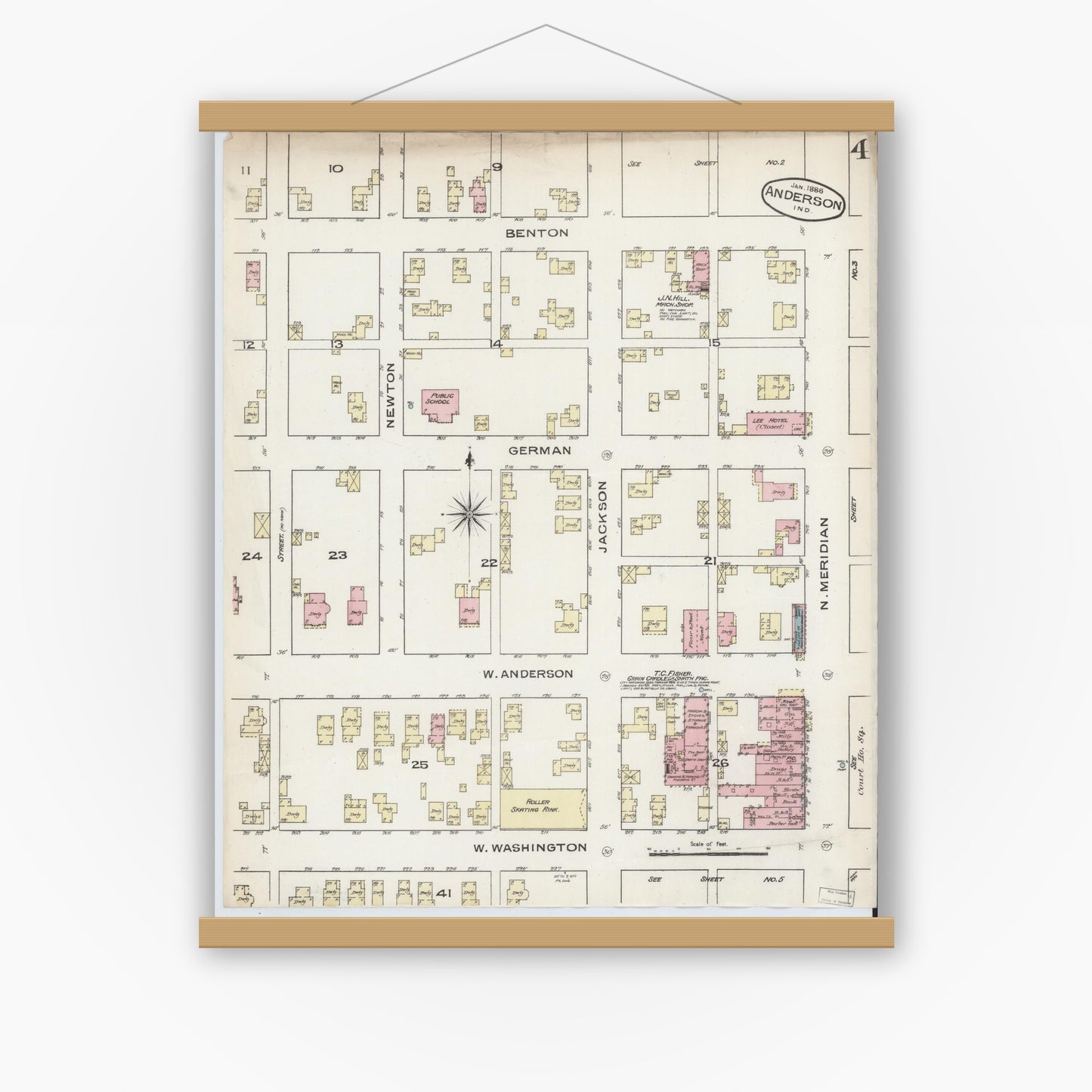 Old map wall art mockup — magnetic wood frame on white wall — Sanborn Fire Insurance Map from Anderson, Madison County, Indiana (1886), Sheet #0004