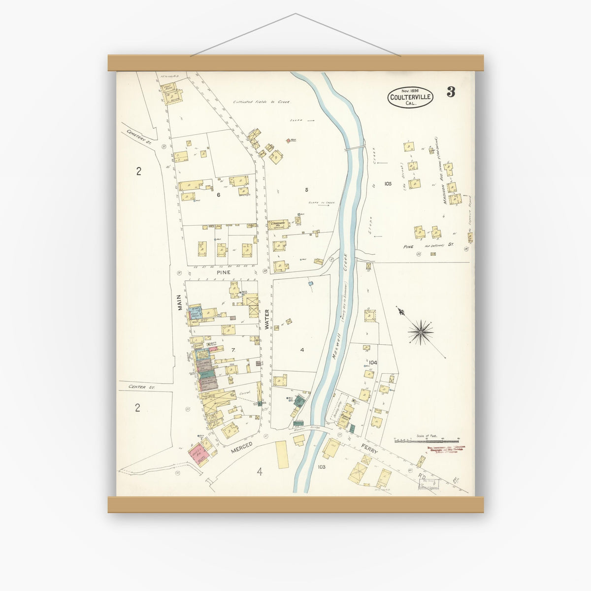 Old map wall art mockup — magnetic wood frame on white wall — Sanborn Fire Insurance Map from Coulterville, Mariposa County, California (1896), Sheet #0003