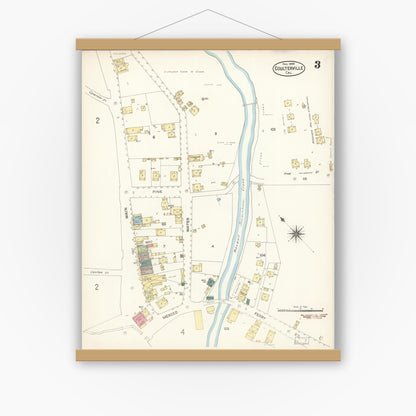 Old map wall art mockup — magnetic wood frame on white wall — Sanborn Fire Insurance Map from Coulterville, Mariposa County, California (1896), Sheet #0003